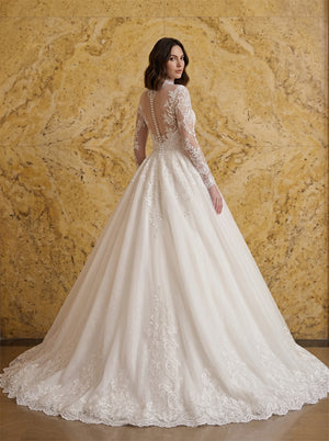 High Neck Long Sleeve Sheer Lace Ball Gown Wedding Dress Royal Luxury Full Skirt Bridal Dress