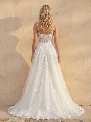 Thin Spaghetti Strap Sweetheart Corset Lace Tulle A Line Wedding Dress Romantic Floral Appliques Bridal Dress