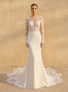 Long Sleeve Illusion Lace V Neck Open Back Pearl Button Mermaid Wedding Dress Bridal Dress