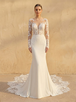 Long Sleeve Illusion Lace V Neck Open Back Pearl Button Mermaid Wedding Dress Bridal Dress