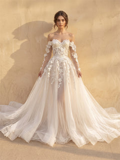 Off Shoulder Long Sleeve 3D Floral Lace Up Back Tulle A Line Wedding Dress Bridal Dress
