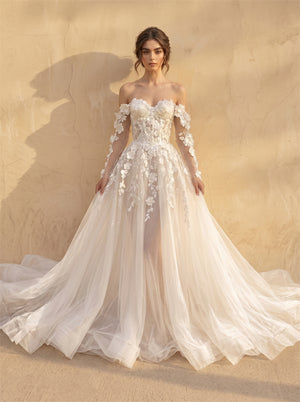 Off Shoulder Long Sleeve 3D Floral Lace Up Back Tulle A Line Wedding Dress Bridal Dress