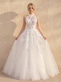 Halter Neck 3D Floral Lace A Line Wedding Dress Illusion Bodice Low Open Back Button Tulle Ballgown Bridal Dress