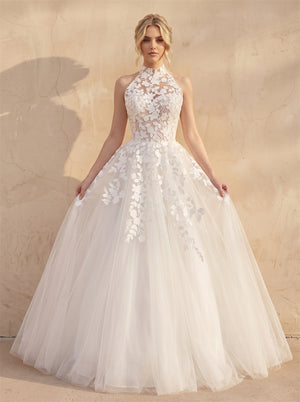 Halter Neck 3D Floral Lace A Line Wedding Dress Illusion Bodice Low Open Back Button Tulle Ballgown Bridal Dress
