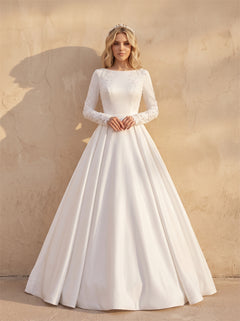 Bateau Neck Lace Applique Long Sleeve Satin A Line Wedding Dress Full Back Button Floor Length Chapel Train Modest Bridal Dress