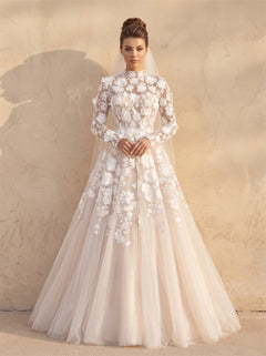 Modest High Neck Full Sleeve 3D Flower Lace Wedding Dress Voluminous Champagne Tulle A Line Formal Bridal Dress
