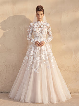 Modest High Neck Full Sleeve 3D Flower Lace Wedding Dress Voluminous Champagne Tulle A Line Formal Bridal Dress