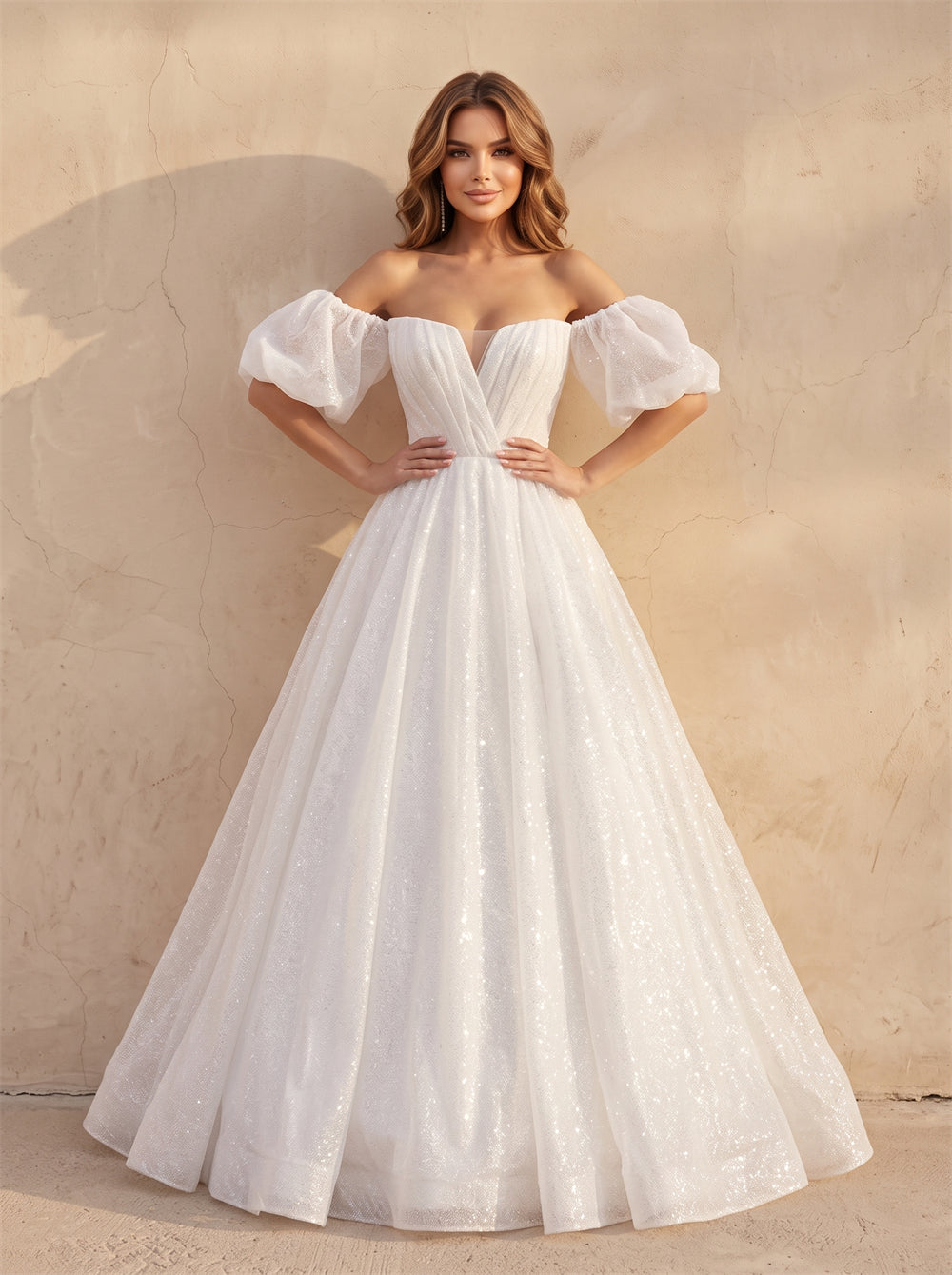 Off-The-Shoulder Short Puff Sleeve Sparkly Tulle Wedding Dress V Neck Corset Back Voluminous Formal Bridal Dress