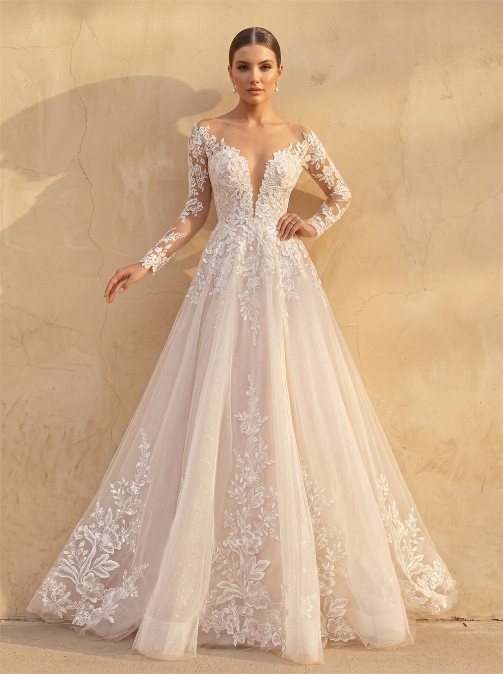 Long Sleeve Deep V Illusion Lace A Line Wedding Dress Sheer Low Back Button Sparkle Glitter Tulle Chapel Train Bridal Dress