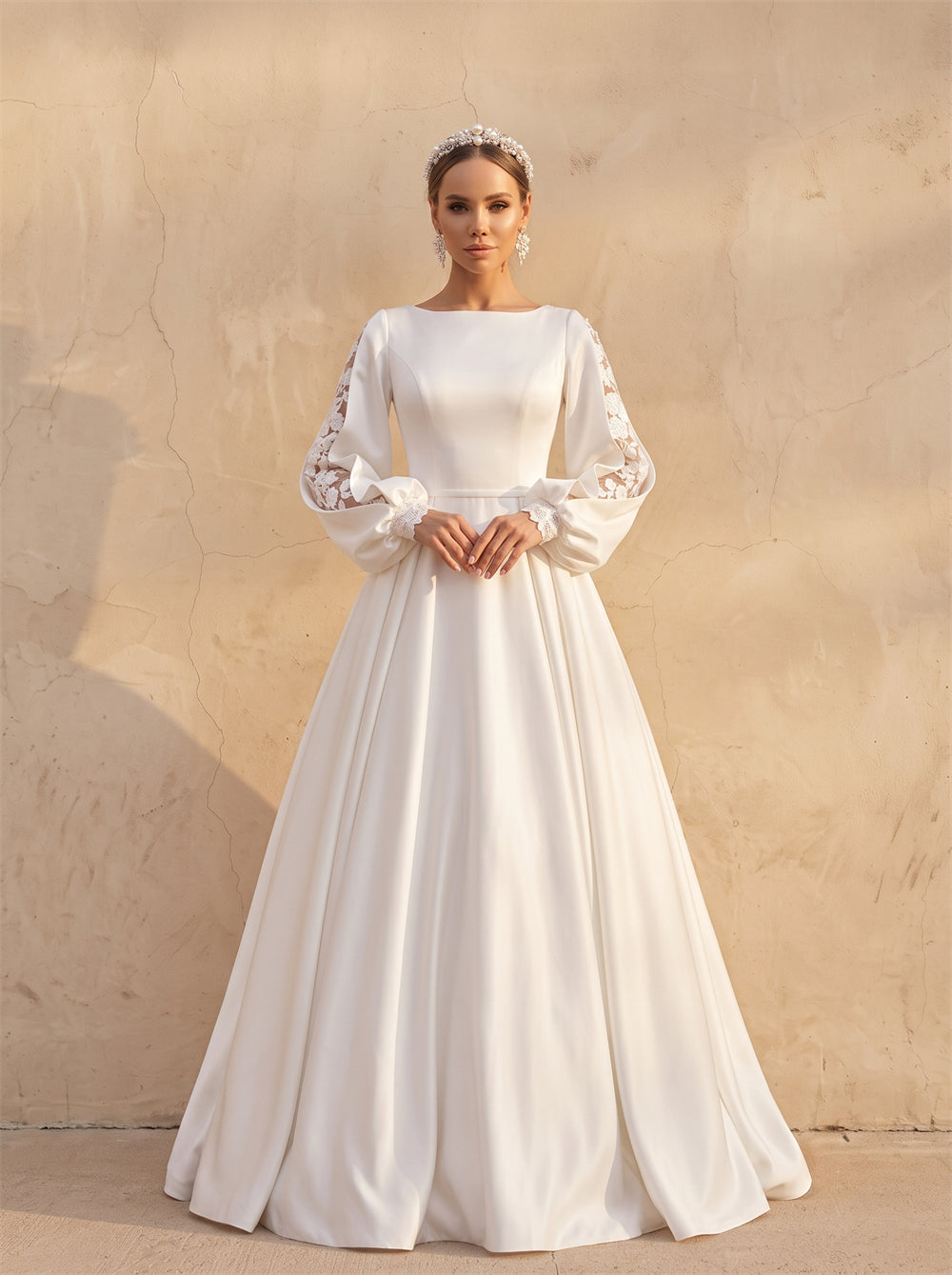 Bateau Neck Bishop Puff Lace Sleeve Satin A Line Wedding Dress Sheer Floral Lace Illusion Low Back Button Chapel Train Bridal Dress