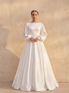 Bateau Neck Bishop Puff Lace Sleeve Satin A Line Wedding Dress Sheer Floral Lace Illusion Low Back Button Chapel Train Bridal Dress