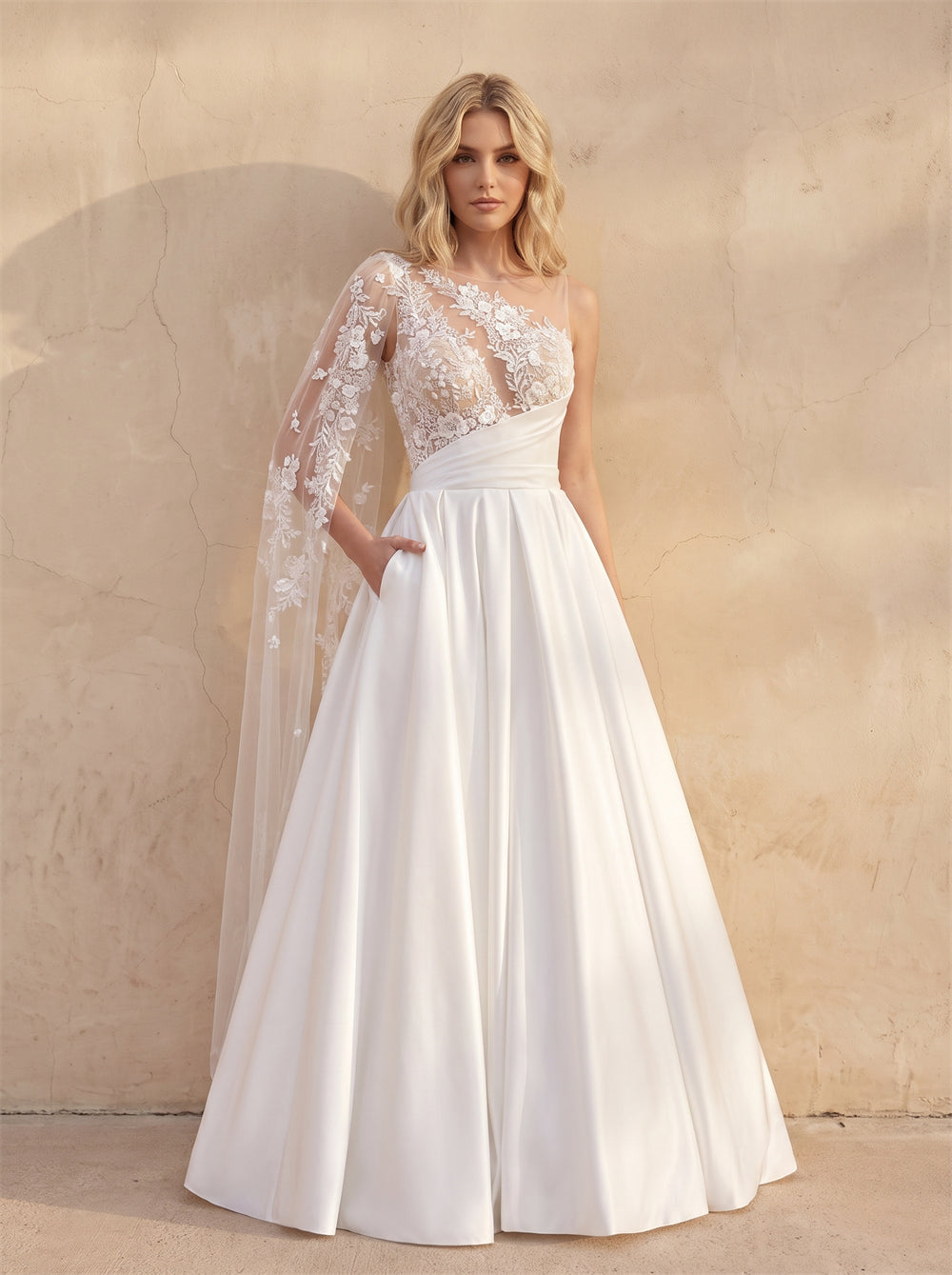One Long Cape Lace Sleeve Satin Wedding Dress Asymmetrical Sheer Bodice Low Back A Line Formal Bridal Dress