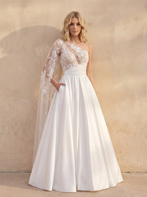 One Long Cape Lace Sleeve Satin Wedding Dress Asymmetrical Sheer Bodice Low Back A Line Formal Bridal Dress