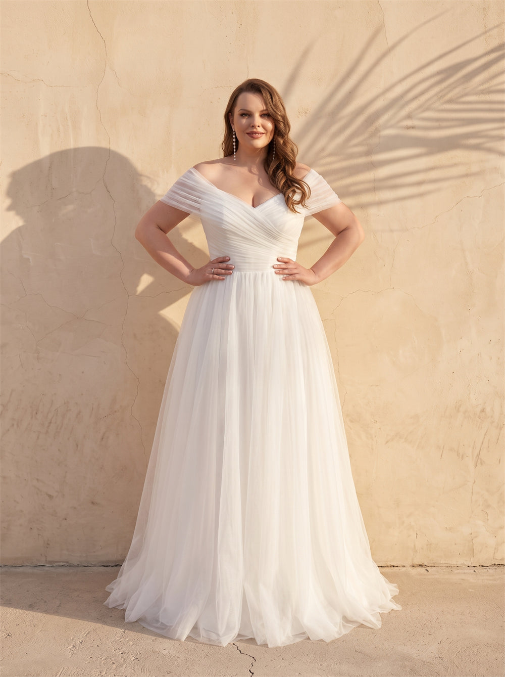 Curvy Plus Size Off-The-Shoulder Tulle Wedding Dress V Neck Ruched Bodice Long Sleeve A Line Formal Bridal Dress