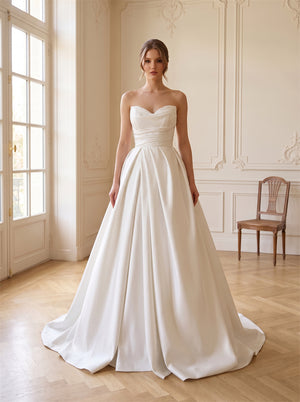 Strapless Sweetheart Satin Wedding Dress Ruched Waist Full Pleated A Line Classic Formal Bridal Dress