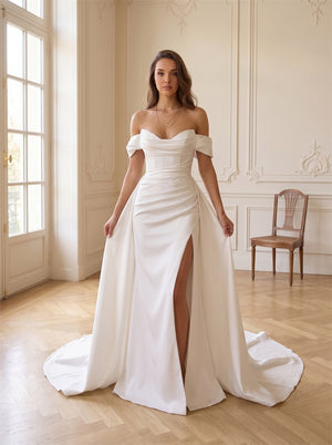 Off-The-Shoulder Draped Satin Mermaid Wedding Dress Corset Bodice Detachable Overskirt Pearl Button Back Formal Bridal Dress