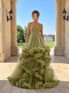 Spaghetti Strap Gold Beaded Sweetheart Tulle Prom Dress 3D Ruffle Tiered Skirt Lace Up Back Voluminous A Line Formal Evening Dress