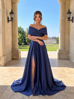Off Shoulder Fold Over Satin Prom Dress Cross Wrap Ruched Bodice Corset Lace Up Back High Leg Slit A Line Formal Evening Dress