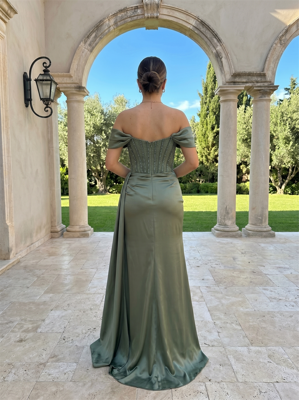 Off the Shoulder Beaded Formal Gown Eleastic Satin High Slit for Prom Dress Party Formal Dresses