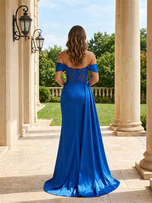 Elastisches Satin-Scheiden-Abendkleid, schulterfrei, mit Perlenbesatz, Korsett, formelles Partykleid mit seitlichem Wasserfallausschnitt und Schlitz, Ballkleider