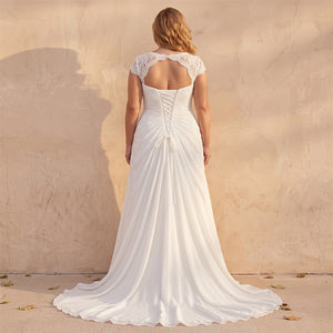 Curvy Plus Size Lace Cap Sleeve Chiffon Wedding Dress V Neck Ruched Lace Up Back Formal Bridal Dress