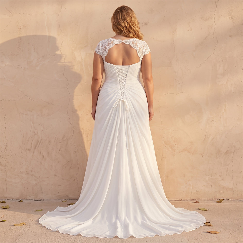 Curvy Plus Size Lace Cap Sleeve Chiffon Wedding Dress V Neck Ruched Lace Up Back Formal Bridal Dress