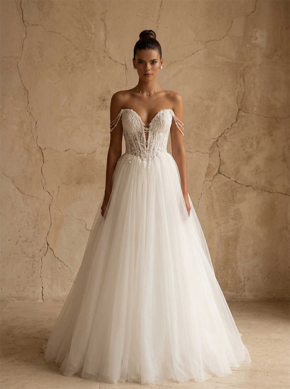 Strapless Sweetheart Beaded Chain Strap Lace Corset A-Line Floor Length Wedding Dress With Lace-Up Back Bridal Dress