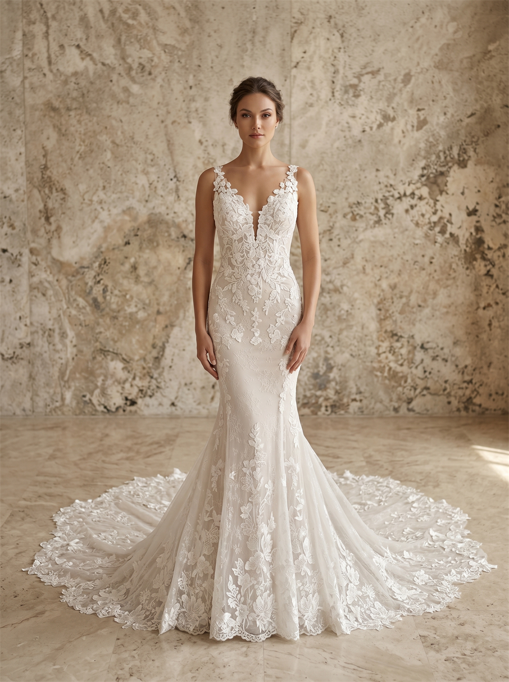 Deep V Sleeveless Floral Lace Mermaid Wedding Dress Low Open Back Wide Scalloped Cathedral Train Bridal Dress