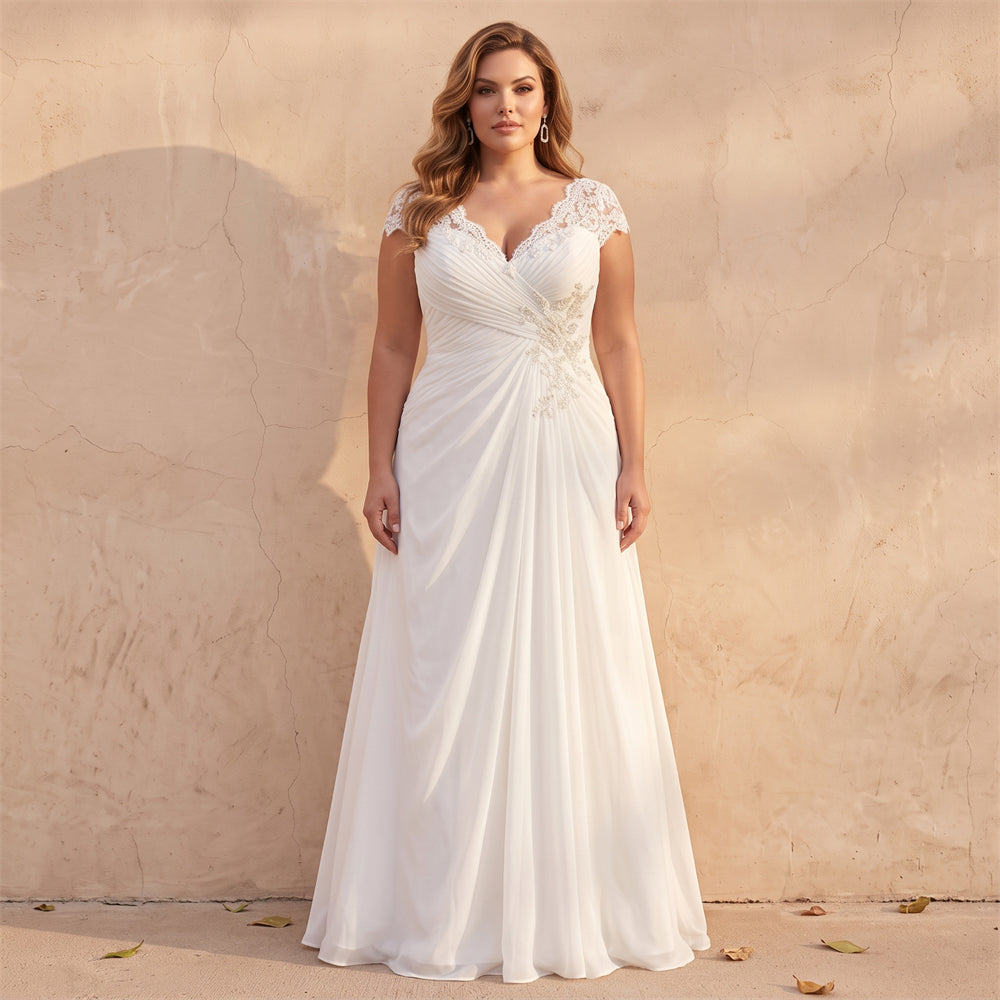 Curvy Plus Size Lace Cap Sleeve Chiffon Wedding Dress V Neck Ruched Lace Up Back Formal Bridal Dress