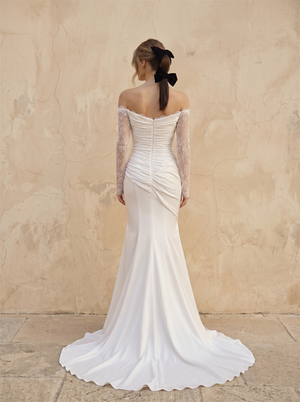 Off Shoulder Lace Long Sleeve Satin Mermaid Wedding Dress With High Slit
