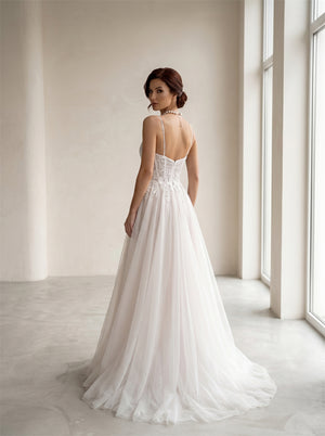Spaghetti Strap Lace Appliqué Tulle Wedding Dress | Elegant A Line Floor Length Bridal Dress With Sweep Train