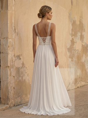 Draped Cowl V Neck Spaghetti Strap Chiffon Wedding Dress With High Side Slit & Beaded Waistband