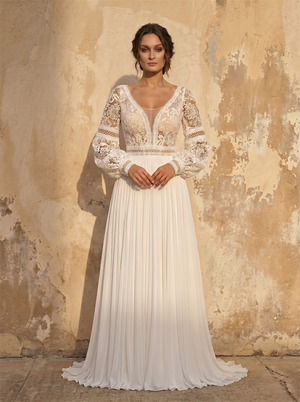Deep V Neck Long Puff Sleeve Floral Lace Bodice Pleated Chiffon A Line Wedding Dress