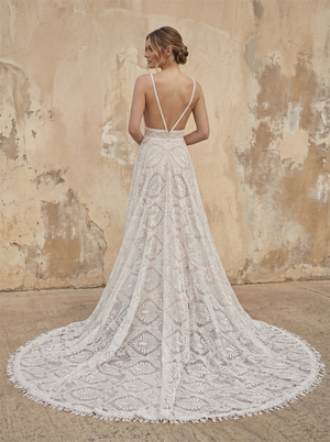 Deep V Long Puff Sleeve Leaf Lace A-Line Wedding Dress With Detachable Jacket Cathedral Train