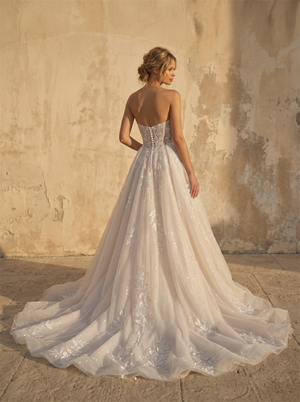 Strapless Sweetheart Leaf Lace Glitter Tulle A-Line Wedding Dress With High Leg Slit