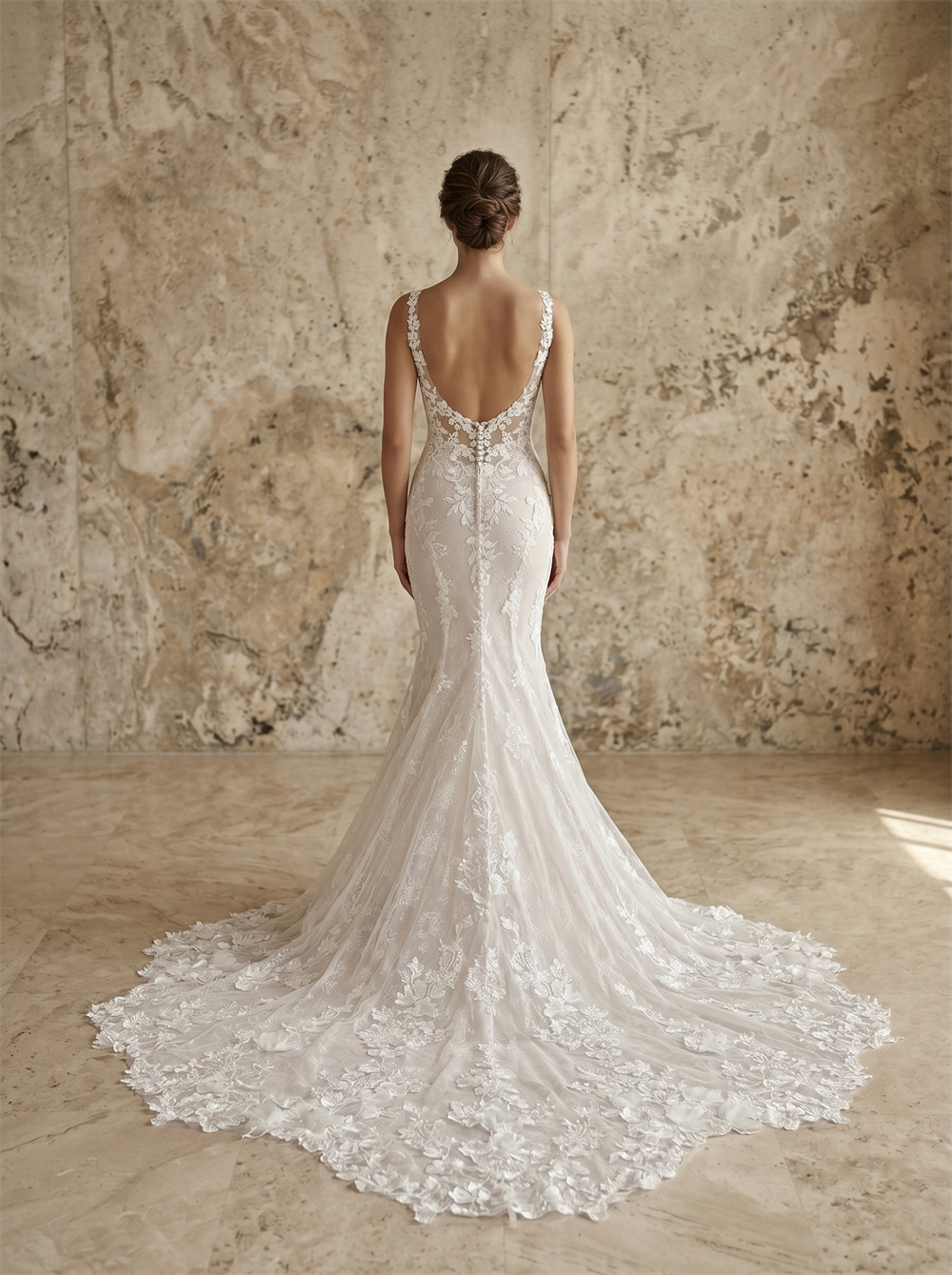 Deep V Sleeveless Floral Lace Mermaid Wedding Dress Low Open Back Wide Scalloped Cathedral Train Bridal Dress