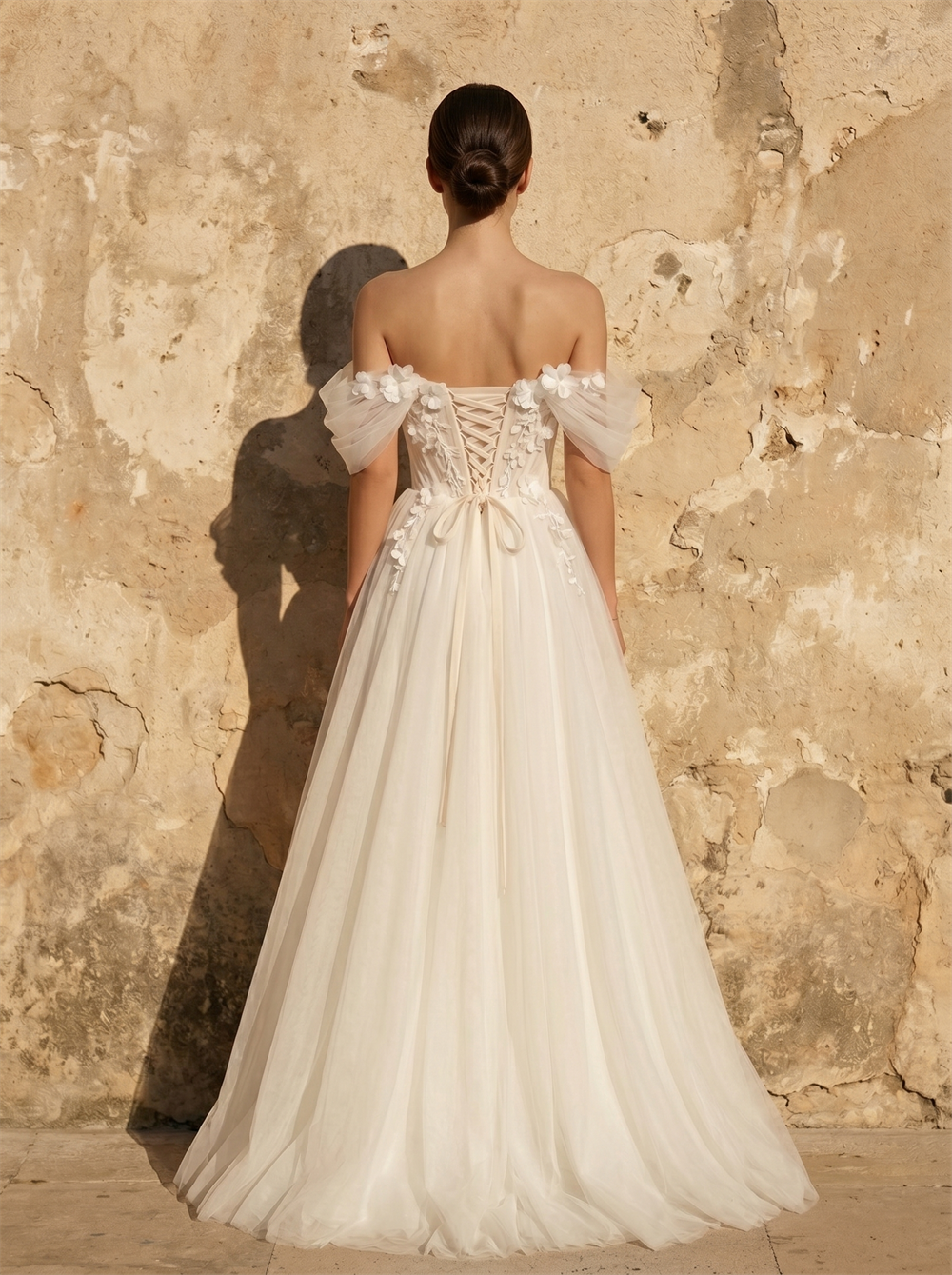 Off Shoulder 3D Floral Puff Sleeve Pleated Tulle A-Line Wedding Dress