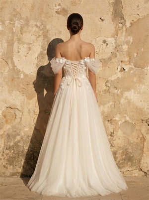 Off Shoulder 3D Floral Puff Sleeve Pleated Tulle A-Line Wedding Dress