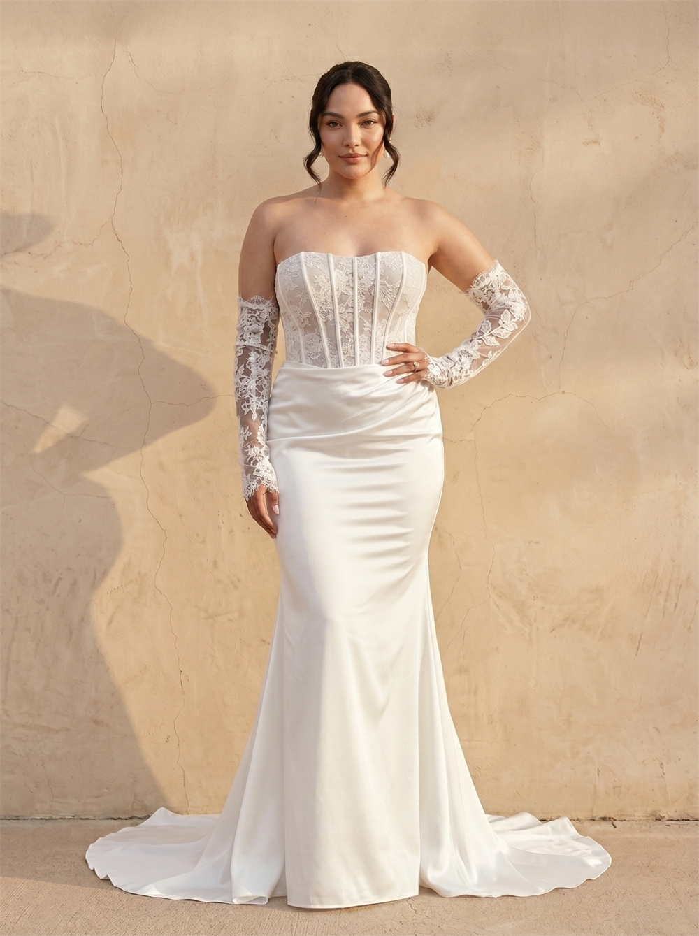 Strapless Lace Corset Satin Mermaid Wedding Dress Detachable Long Lace Sleeve Low Back Button Train Bridal Dress