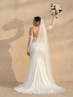 Strapless Lace Corset Satin Mermaid Wedding Dress Detachable Long Lace Sleeve Low Back Button Train Bridal Dress