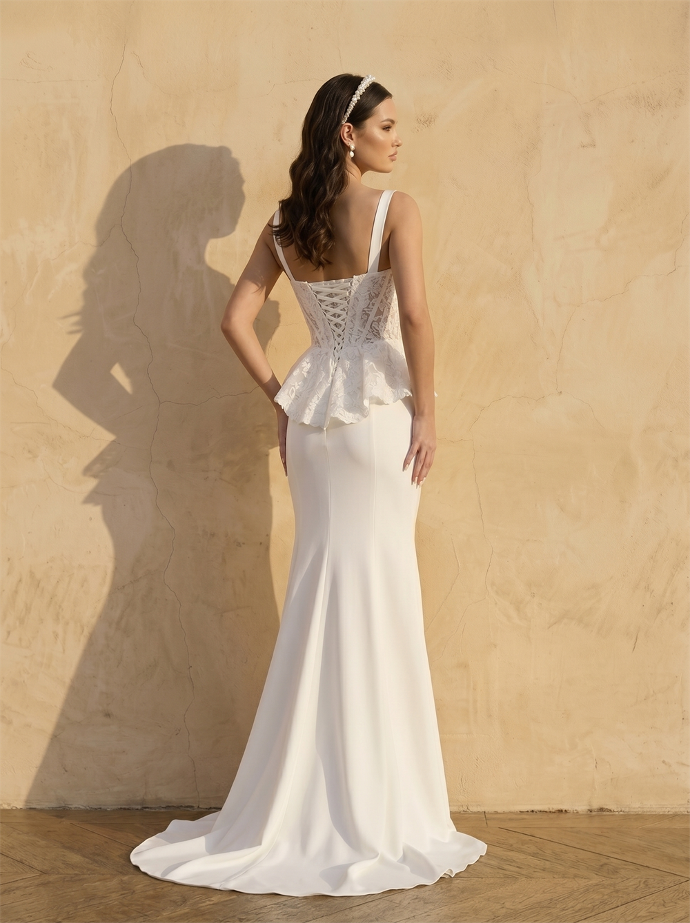 Wide Strap Sweetheart Lace Peplum Corset Satin Mermaid Wedding Dress Lace-Up Back Bridal Dress