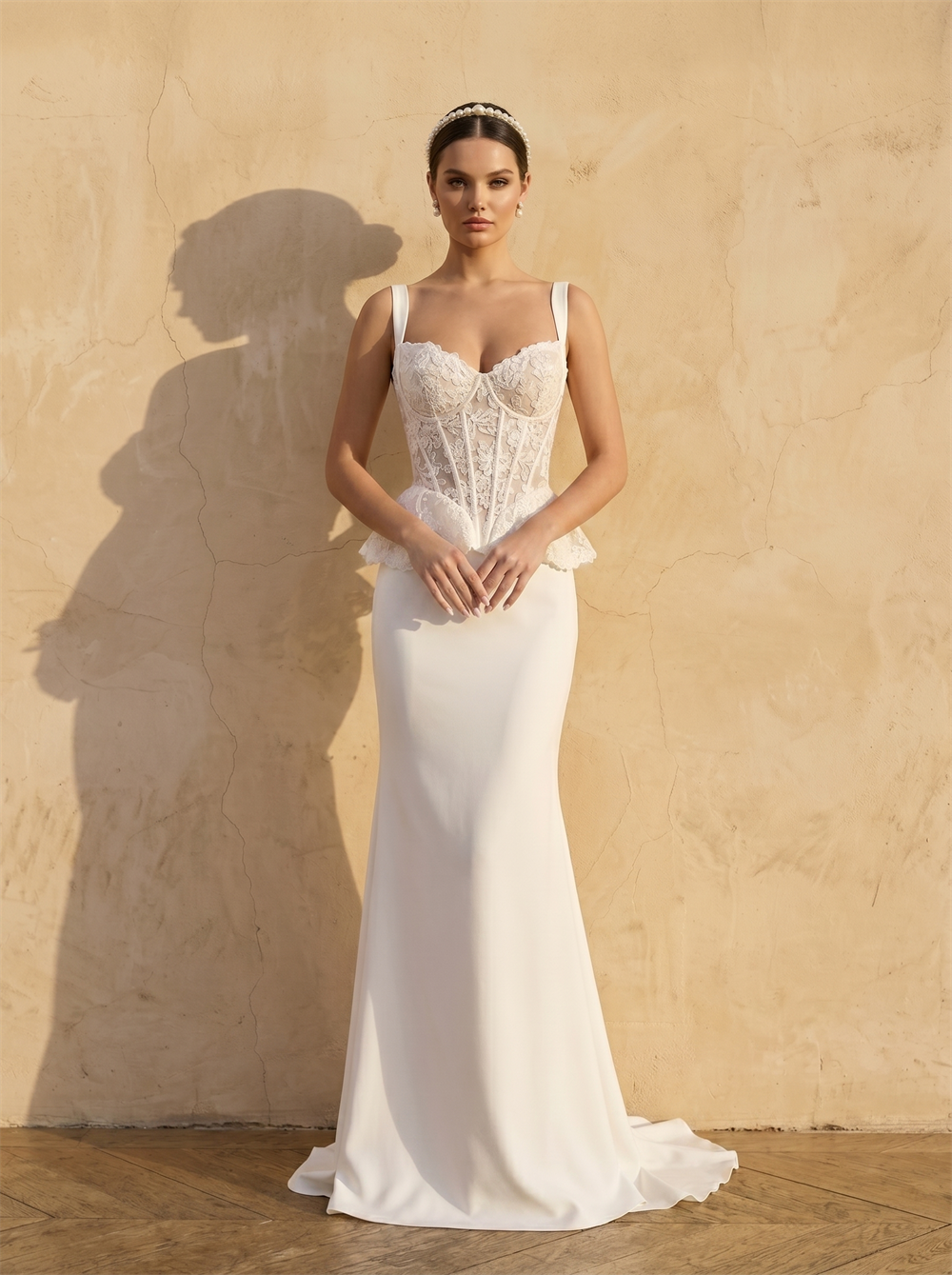 Wide Strap Sweetheart Lace Peplum Corset Satin Mermaid Wedding Dress Lace-Up Back Bridal Dress