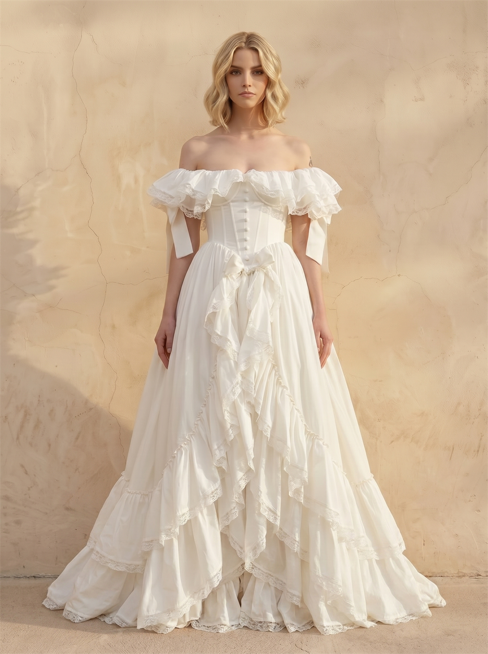 Off Shoulder Ruffled Lace Corset Tiered A Line Wedding Dress Lace-Up Back Big Bow Vintage Bridal Dress