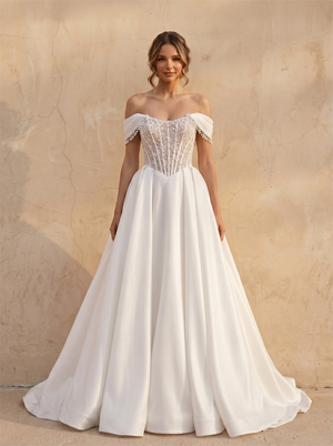 Off Shoulder Beaded Corset Satin A Line Wedding Dress Adjustable Lace Up Back Ball Gown Bridal Dress