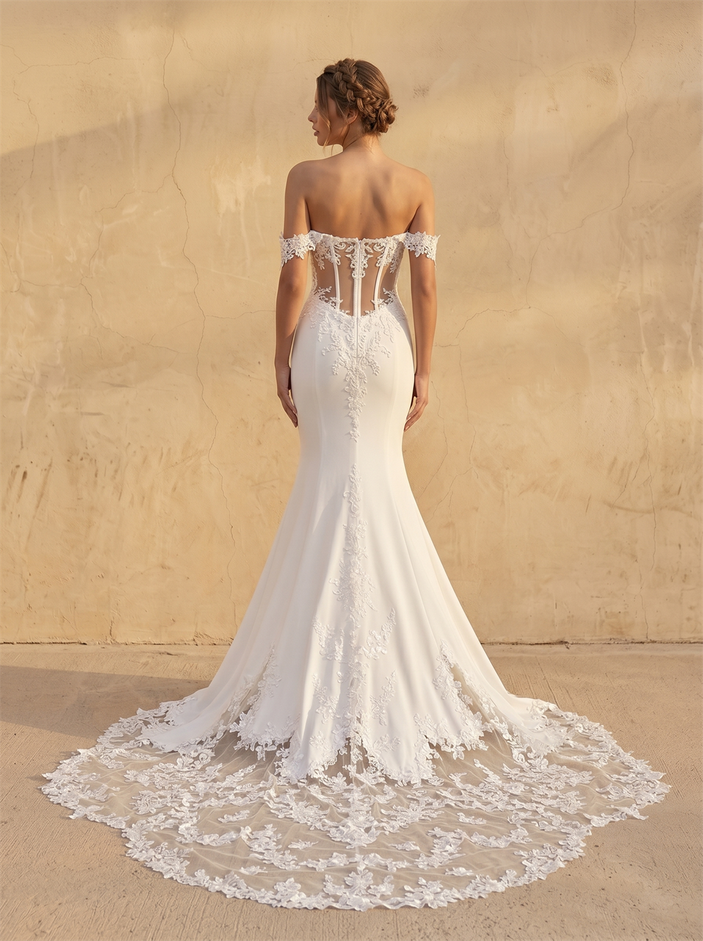 Off Shoulder Floral Lace Satin Mermaid Wedding Dress Sheer Low Back Lace Appliqué Cathedral Train Bridal Dress