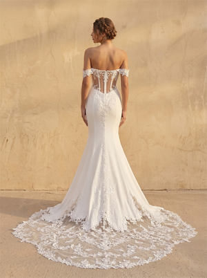 Off Shoulder Floral Lace Satin Mermaid Wedding Dress Sheer Low Back Lace Appliqué Cathedral Train Bridal Dress