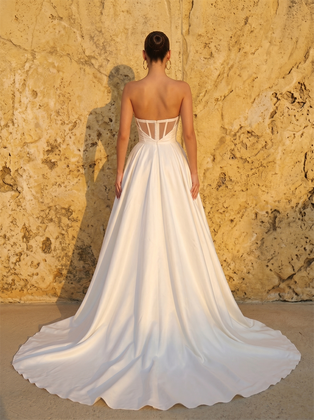 Strapless Pleated Corset Satin A Line Wedding Dress Sheer Mesh Back High Side Slit Chapel Train Bridal Dress