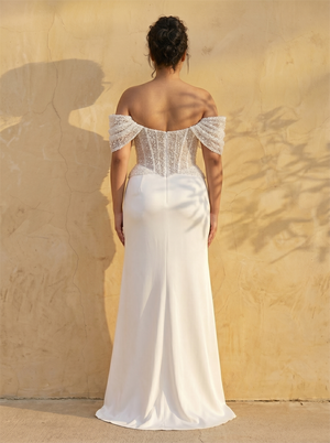 Off Shoulder Pleated Beaded Corset Satin Mermaid Wedding Dress Ruched Waist Invisible Zip Back Luxury Bridal Dress