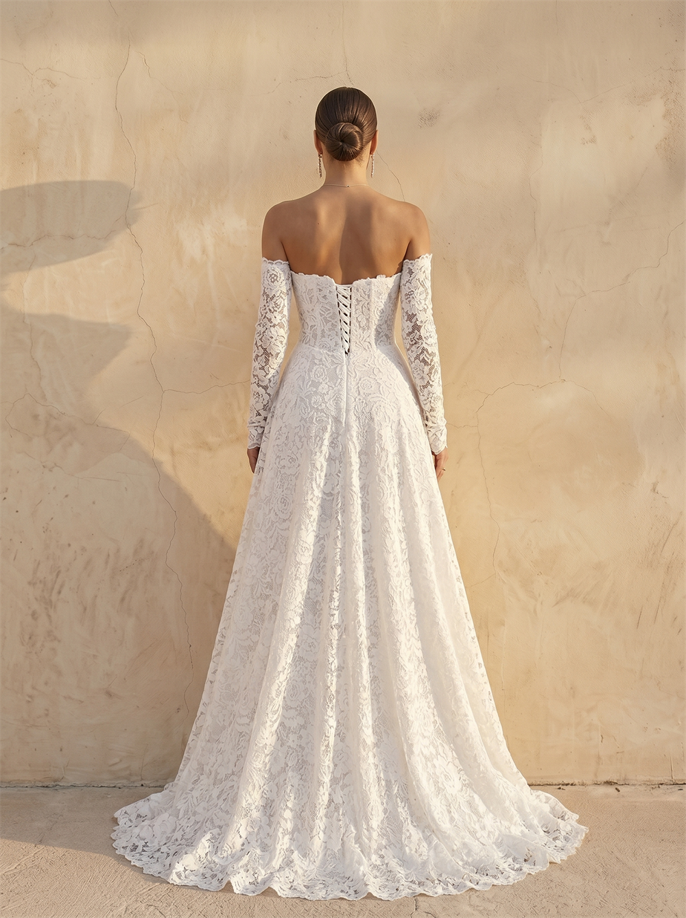 Off Shoulder Sweetheart Full Lace Long Sleeve A Line Wedding Dress Corset Lace Up Back Chapel Train Modest Bridal Dress