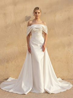 Off Shoulder Draped Satin Mermaid Wedding Dress Ruched Waist Detachable Overskirt Zip Back Elegant Bridal Dress